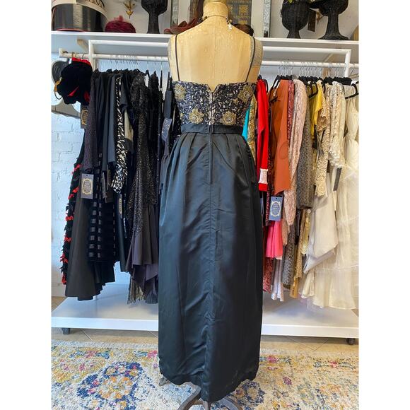 vintage 1960s black silk beaded maxi dress 60s formal gown metallic eyelash xs - Picture 9 of 10
